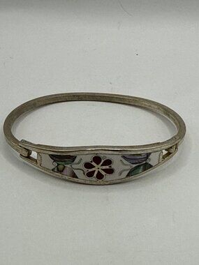 Vintage Alpaca Mexico Abalone Shell Enamel Floral Inlay Hinged Bangle Bracelet